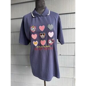 Donnkenny Mickey Mouse Blue Polo Patchwork‎ Hearts Short Sleeve Size Women's M!